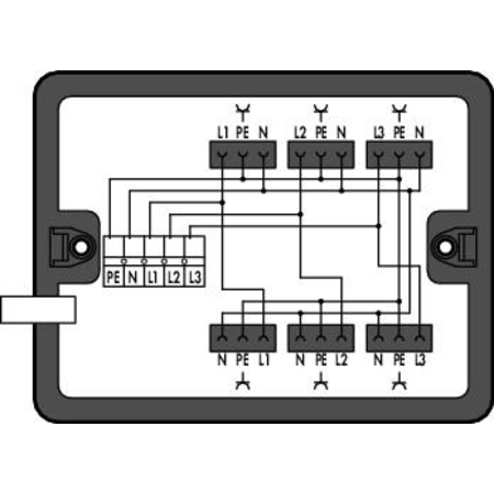 Distribution box; Three-phase to single-phase current (400 V/230 V); supply cable entry; 1 input; 6 outputs; Cod. A; MIDI; black