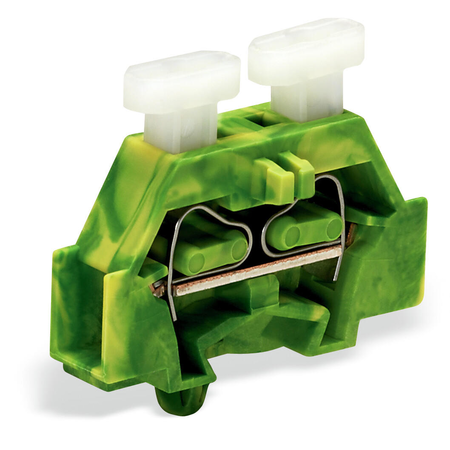 2-conductor terminal block; on both sides with push-button; with snap-in mounting foot; for plate thickness 0.6 - 1.2 mm; Fixing hole 3.5 mm Ø; 2.5 mm²; CAGE CLAMP®; 2,50 mm²; green-yellow