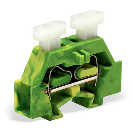 Space-saving, 2-conductor end terminal block; on both sides with push-button; without protruding snap-in mounting foot; for terminal strips with snap-in mounting feet; 2.5 mm²; CAGE CLAMP®; 2,50 mm²; green-yellow