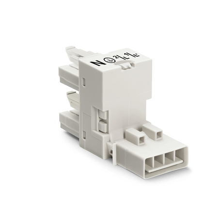 h-distribution connector; 4-pole; Cod. A; 1 input; 2 outputs; outputs on one side; 2 locking levers; white