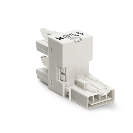 h-distribution connector; 4-pole; Cod. A; 1 input; 2 outputs; outputs on one side; 3 locking levers; for flying leads; white