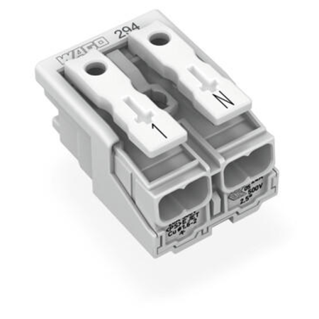 Lighting connector; push-button, external; without ground contact; 2-pole; Lighting side: for solid conductors; Inst. side: for all conductor types; max. 2.5 mm²; Surrounding air temperature: max 85°C (T85); 2,50 mm²; white