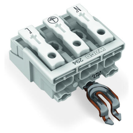 Lighting connector; push-button, external; with angled snap-in ground contact; 3-pole; Lighting side: for solid conductors; Inst. side: for all conductor types; max. 2.5 mm²; Surrounding air temperature: max 85°C (T85); 2,50 mm²; white