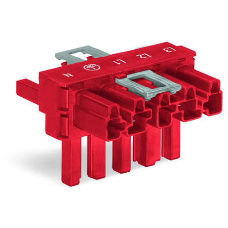 T-distribution connector; 5-pole; Cod. P; 1 input; 2 outputs; outputs on both sides; 3 locking levers; for flying leads; red