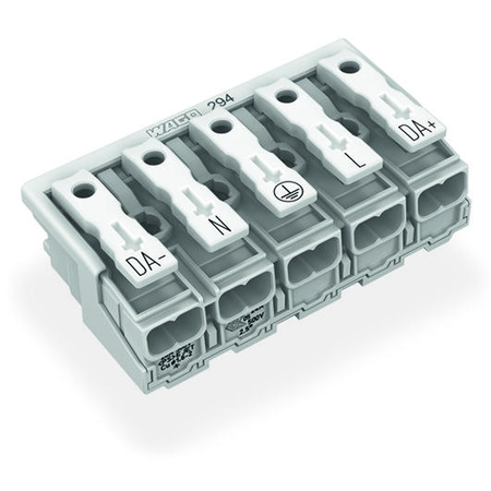 Lighting connector; push-button, external; without ground contact; 5-pole; lighting side: for solid conductors; inst. side: for all conductor types; max. 2.5 mm²; surrounding air temperature: max 85°c (t85); 2,50 mm²; white