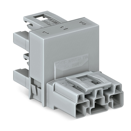 h-distribution connector; 3-pole; Cod. B; 1 input; 2 outputs; outputs on one side; 3 locking levers; for flying leads; light green