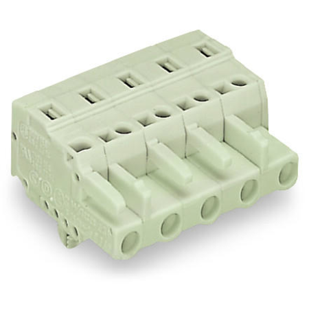 1-conductor female plug; 100% protected against mismating; Snap-in mounting feet; Locking lever; 2.5 mm²; Pin spacing 7.5 mm; 5-pole; 2,50 mm²; light gray