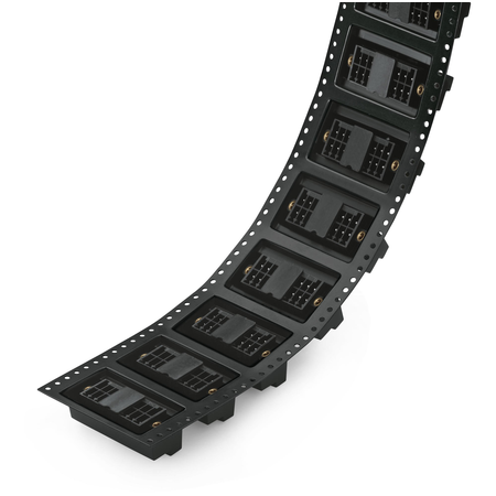 THR male header, 2-row; 0.8 x 0.8 mm solder pin; straight; 100% protected against mismating; Threaded flange; in tape-and-reel packaging; Pin spacing 3.5 mm; 2 x 3-pole; black