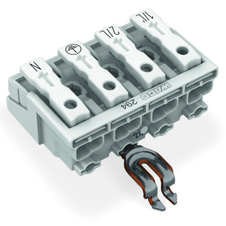 Lighting connector; push-button, external; with angled snap-in ground contact; 1/L´-2/L-PE-N; 4-pole; Lighting side: for solid conductors; Inst. side: for all conductor types; max. 2.5 mm²; Surrounding air temperature: max 85°C (T85); 2,50 mm²; white