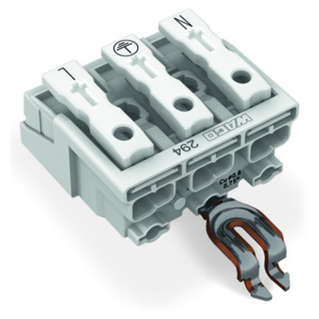 Lighting connector; push-button, external; with angled snap-in ground contact; n-pe-l; 3-pole; lighting side: for solid conductors; inst. side: for all conductor types; max. 2.5 mm²; surrounding air temperature: max 85°c (t85); 2,50 mm²; white