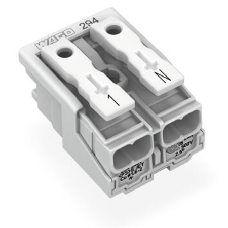 Lighting connector; push-button, external; without ground contact; 2-pole; Lighting side: for solid conductors; Inst. side: for all conductor types; max. 2.5 mm²; Surrounding air temperature: max 85°C (T85); 2,50 mm²; white