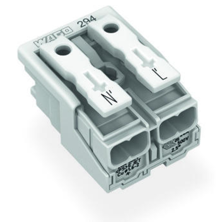 Lighting connector; push-button, external; without ground contact; N´-L´; 2-pole; Lighting side: for solid conductors; Inst. side: for all conductor types; max. 2.5 mm²; Surrounding air temperature: max 85°C (T85); 2,50 mm²; white