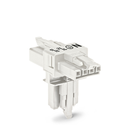 T-distribution connector; 4-pole; Cod. A; 1 input; 2 outputs; 3 locking levers; for flying leads; white