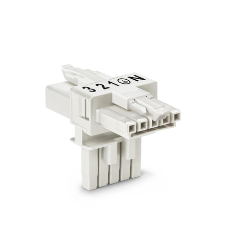 T-distribution connector; 5-pole; Cod. A; 1 input; 2 outputs; 2 locking levers; white