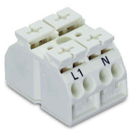 4-conductor chassis-mount terminal strip; suitable for Ex e II applications; 2-pole; L1-N; without ground contact; for self-tapping screw 2.9 mm Ø from bellow; with 2x pin; 4 mm²; 4,00 mm²; white