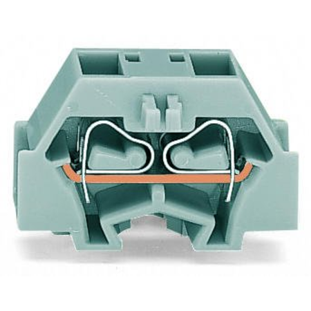 Space-saving, 4-conductor end terminal block; without push-buttons; without protruding snap-in mounting foot; for terminal strips with snap-in mounting feet; can be commoned with adjacent jumpers and staggered jumpers; CAGE CLAMP®; 1,50 mm²; light gray