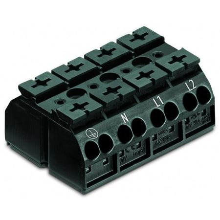 4-conductor chassis-mount terminal strip; 4-pole; PE-N-L1-L2; without ground contact; 1 snap-in foot per pole; 4 mm²; 4,00 mm²; black