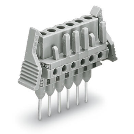 Female connector for rail-mount terminal blocks; 0.6 x 1 mm pins; straight; Locking lever; Pin spacing 5 mm; 18-pole; gray