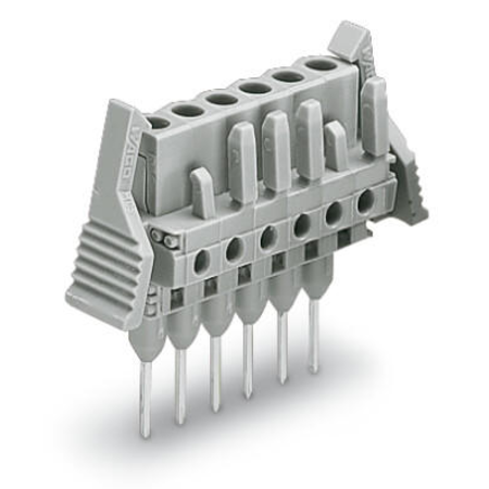 Female connector for rail-mount terminal blocks; 0.6 x 1 mm pins; straight; Locking lever; Pin spacing 5 mm; 14-pole; gray