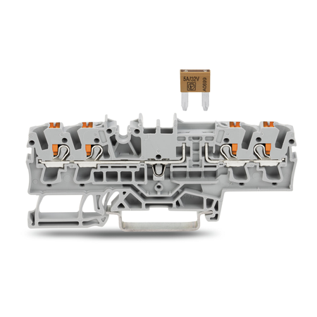 4-conductor fuse terminal block; for mini-automotive blade-style fuses; per DIN 7258-3f, ISO 8820-3; with test option; with push-button; without blown fuse indication; 2.5 mm²; Push-in CAGE CLAMP®; 2,50 mm²; gray