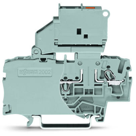 2-conductor fuse terminal block; with pivoting fuse holder; with end plate; for 5 x 20 mm miniature metric fuse; with blown fuse indication by LED; 230 V; for DIN-rail 35 x 15 and 35 x 7.5; 2.5 mm²; Push-in CAGE CLAMP®; 2,50 mm²; gray