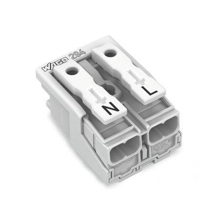 Lighting connector; push-button, external; without ground contact; 2-pole; Lighting side: for solid conductors; Inst. side: for all conductor types; max. 2.5 mm²; Surrounding air temperature: max 85°C (T85); 2,50 mm²; white