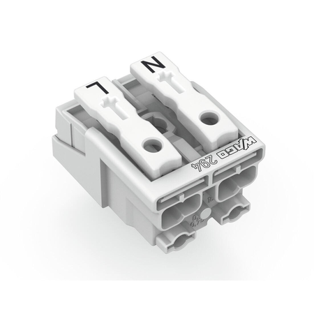 Lighting connector; push-button, external; without ground contact; 2-pole; Lighting side: for solid conductors; Inst. side: for all conductor types; max. 2.5 mm²; Surrounding air temperature: max 85°C (T85); 2,50 mm²; white