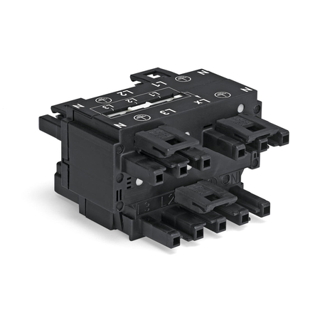 Three-phase to single-phase distribution connector; with phase selection; 5-pole/3-pole; Cod. A; 1 input; 5 outputs; black