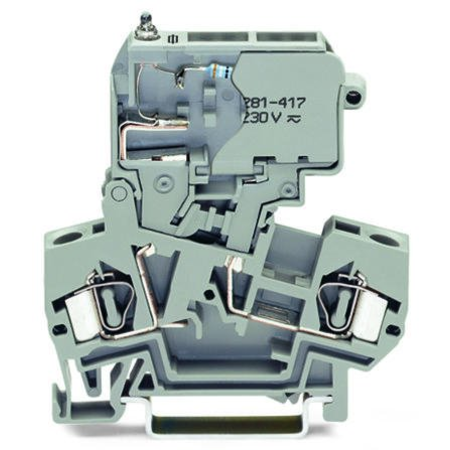 2-conductor fuse terminal block; with pivoting fuse holder; for 5 x 20 mm miniature metric fuse; with blown fuse indication by neon lamp; 230 V; for DIN-rail 35 x 15 and 35 x 7.5; 4 mm²; CAGE CLAMP®; 4,00 mm²; gray