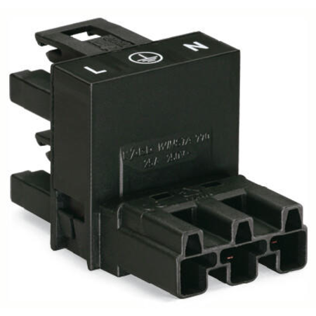 h-distribution connector; 3-pole; Cod. A; 1 input; 2 outputs; outputs on one side; 3 locking levers; for flying leads; black