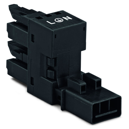 h-distribution connector; 3-pole; Cod. A; 1 input; 2 outputs; outputs on one side; 3 locking levers; for flying leads; black