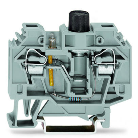 2-conductor fuse terminal block; for 5 x 20 mm miniature metric fuse; with blown fuse indication by neon lamp; for DIN-rail 35 x 15 and 35 x 7.5; 6 mm²; CAGE CLAMP®; 6,00 mm²; gray