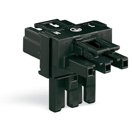 T-distribution connector; 3-pole; Cod. A; 1 input; 2 outputs; 3 locking levers; for flying leads; black