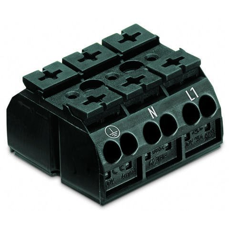 4-conductor chassis-mount terminal strip; 3-pole; PE-N-L1; without ground contact; 4 mm²; 4,00 mm²; black