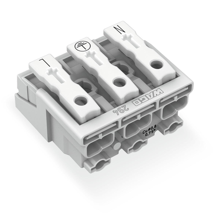 Lighting connector; push-button, external; without ground contact; N-PE-L; 3-pole; Lighting side: for solid conductors; Inst. side: for all conductor types; max. 2.5 mm²; Surrounding air temperature: max 85°C (T85); 2,50 mm²; white