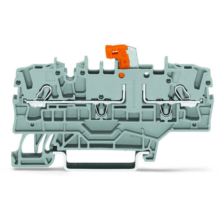 2-conductor disconnect/test terminal block; with additional jumper position; orange disconnect link; for DIN-rail 35 x 15 and 35 x 7.5; 2.5 mm²; Push-in CAGE CLAMP®; 2,50 mm²; gray