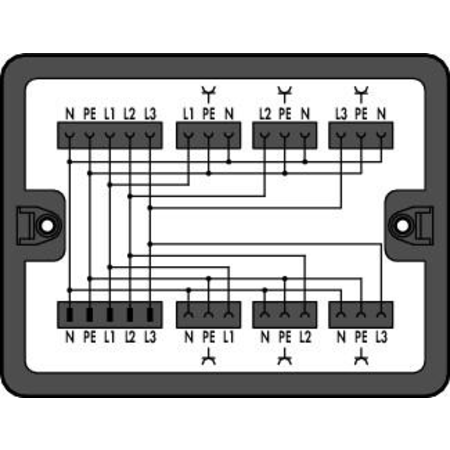 Distribution box; Three-phase to single-phase current (400 V/230 V); 1 input; 7 outputs; Cod. A; MIDI; black