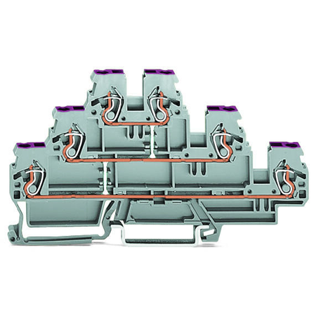 Triple-deck terminal block; 6-conductor through terminal block; L; internal commoning; conductor entry with violet marking; for DIN-rail 35 x 15 and 35 x 7.5; 2.5 mm²; CAGE CLAMP®; 2,50 mm²; gray