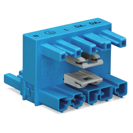 h-distribution connector; 5-pole; Cod. I; 1 input; 2 outputs; outputs on both sides; 2 locking levers; blue