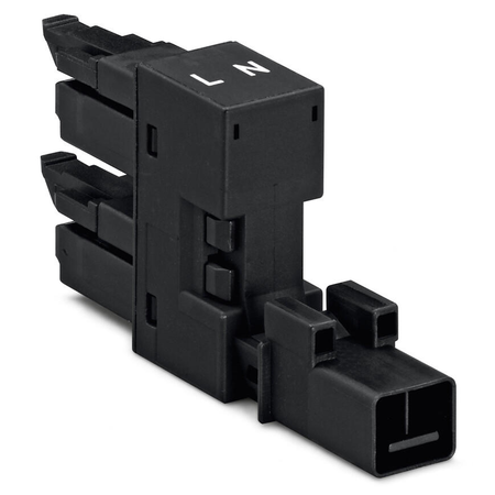 h-distribution connector; 2-pole; Cod. A; 1 input; 2 outputs; outputs on one side; 3 locking levers; for flying leads; black