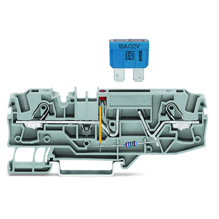 2-conductor fuse terminal block; for automotive blade-style fuses; with test option; with blown fuse indication by LED; 12 V; for DIN-rail 35 x 15 and 35 x 7.5; 6 mm²; Push-in CAGE CLAMP®; 6,00 mm²; gray