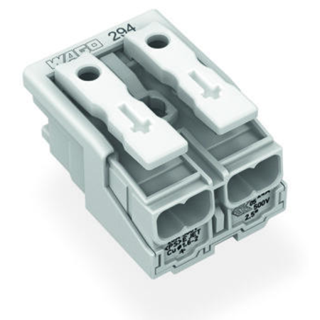 Lighting connector; push-button, external; without ground contact; 2-pole; Lighting side: for solid conductors; Inst. side: for all conductor types; max. 2.5 mm²; Surrounding air temperature: max 85°C (T85); 2,50 mm²; white