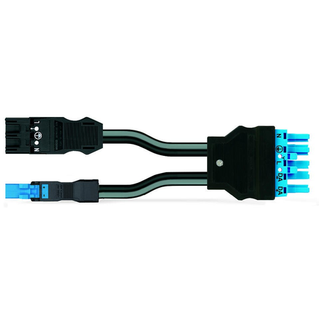 pre-assembled Y-cable; Cca; 2 x plug/socket; 3-pole + 2-pole/5-pole; Cod. A/I; H05Z1Z1-F 2 x 1,50 mm²; H05Z1Z1-F 3G 2.5 mm²; 0.5 m; 1,50 mm²; black/blue