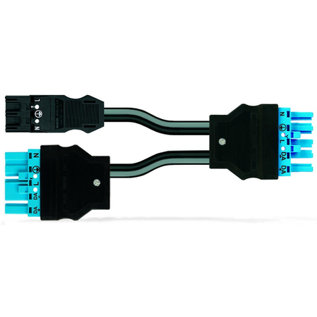 pre-assembled Y-cable; Cca; 2 x plug/socket; 3-pole + 5-pole/5-pole; Cod. A/I; H05Z1Z1-F 2 x 1,50 mm²; H05Z1Z1-F 3G 2.5 mm²; 0.5 m; 1,50 mm²; black/blue