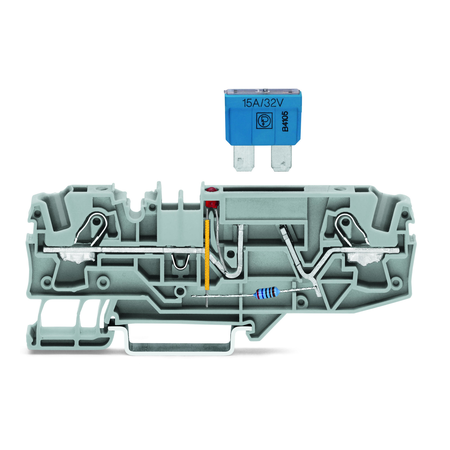 2-conductor fuse terminal block; for automotive blade-style fuses; with test option; with blown fuse indication by LED; 24 V; for DIN-rail 35 x 15 and 35 x 7.5; 6 mm²; Push-in CAGE CLAMP®; 6,00 mm²; gray