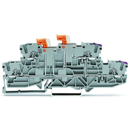 Double-deck, double-disconnect terminal block; with 2 pivoting knife disconnects; lower and upper decks internally commoned on right side; L/L; conductor entry with violet marking; for DIN-rail 35 x 15 and 35 x 7.5; 2.5 mm²; Push-in CAGE CLAMP®; 2,50 mm²