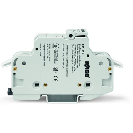 2-conductor fuse terminal block; for class CC fuses; 2-pole; with blown fuse indication; for DIN-rail 35 x 15 and 35 x 7.5; 16 mm²; CAGE CLAMP®; 16,00 mm²; light gray