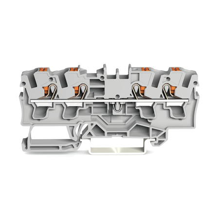 4-conductor through terminal block; with push-button; 4 mm²; with test port; side and center marking; for DIN-rail 35 x 15 and 35 x 7.5; Push-in CAGE CLAMP®; 4,00 mm²; gray