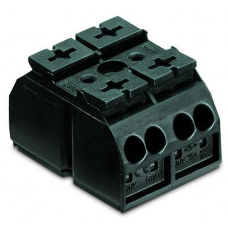 4-conductor chassis-mount terminal strip; 2-pole; without ground contact; 1 snap-in foot per pole; 4 mm²; 4,00 mm²; black