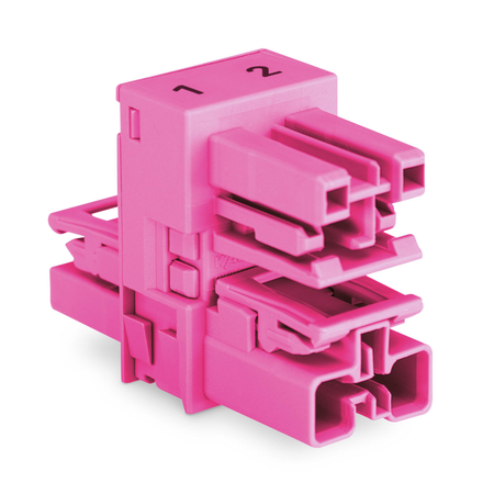 h-distribution connector; 2-pole; Cod. B; 1 input; 2 outputs; outputs on both sides; 3 locking levers; for flying leads; pink